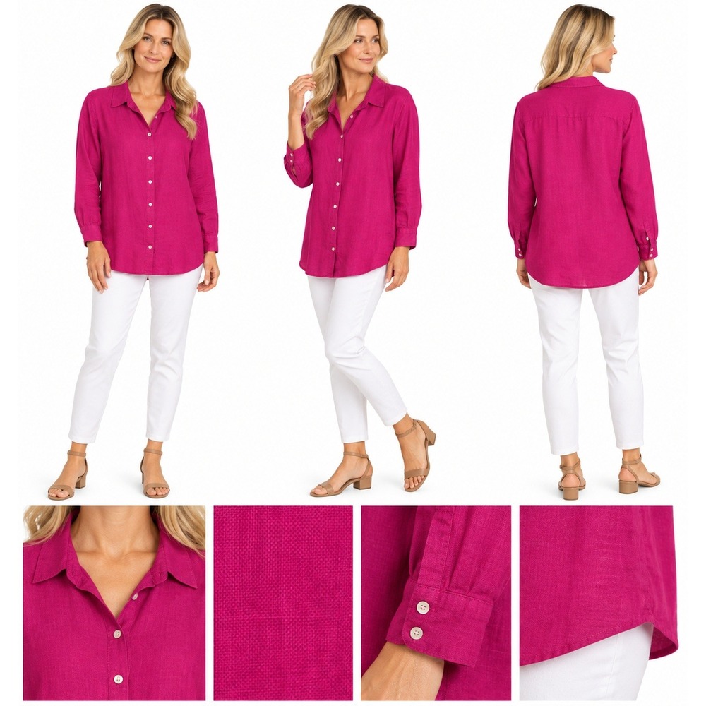 J Jill Love Linen Shirt XL Fuchsia Pink Button Down 100% Linen Coastal Relaxed